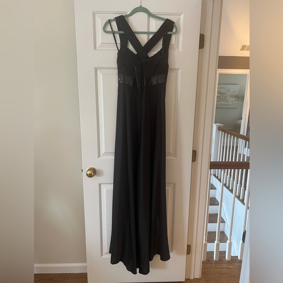 calvin klein- cross back black satin gown with sequin belt-6 - Picture 5 of 7